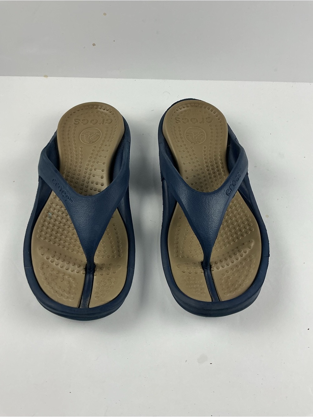 Unisex CROCS Navy and Tan Foam Flip Flops